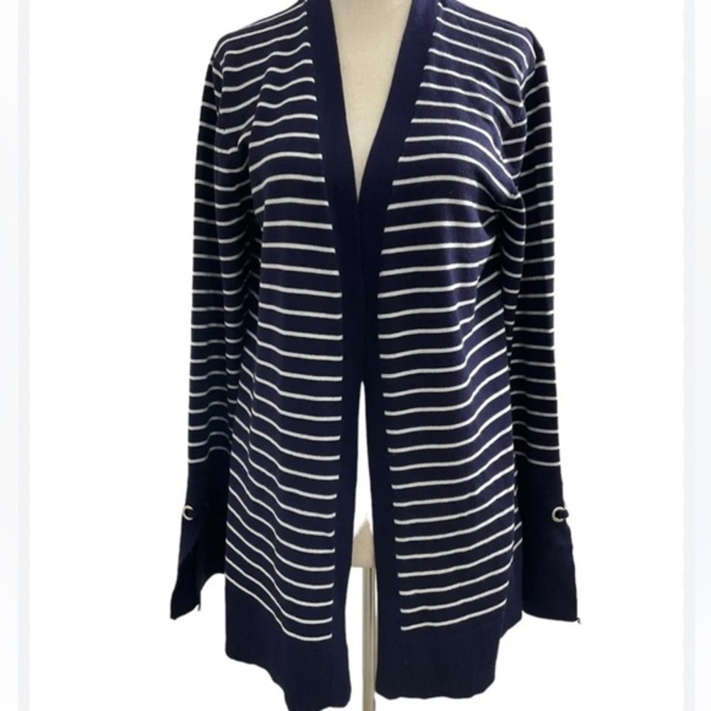 Cable & Gauge Blue Striped Open Front Knit Long Sleeve Size L Large Card…